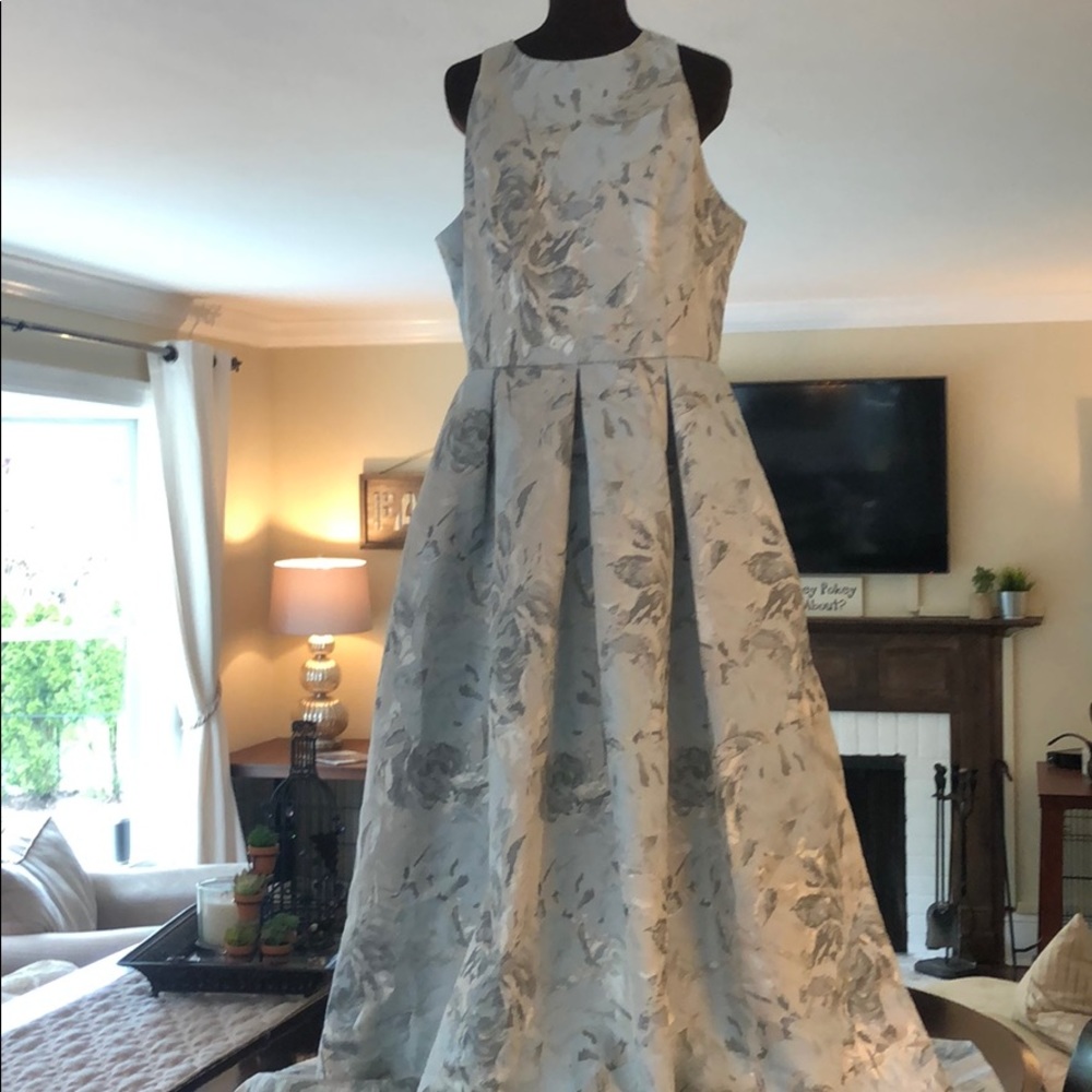 BHLDN Silver Blue Gray  Floral Jacquard Maxi  Gown